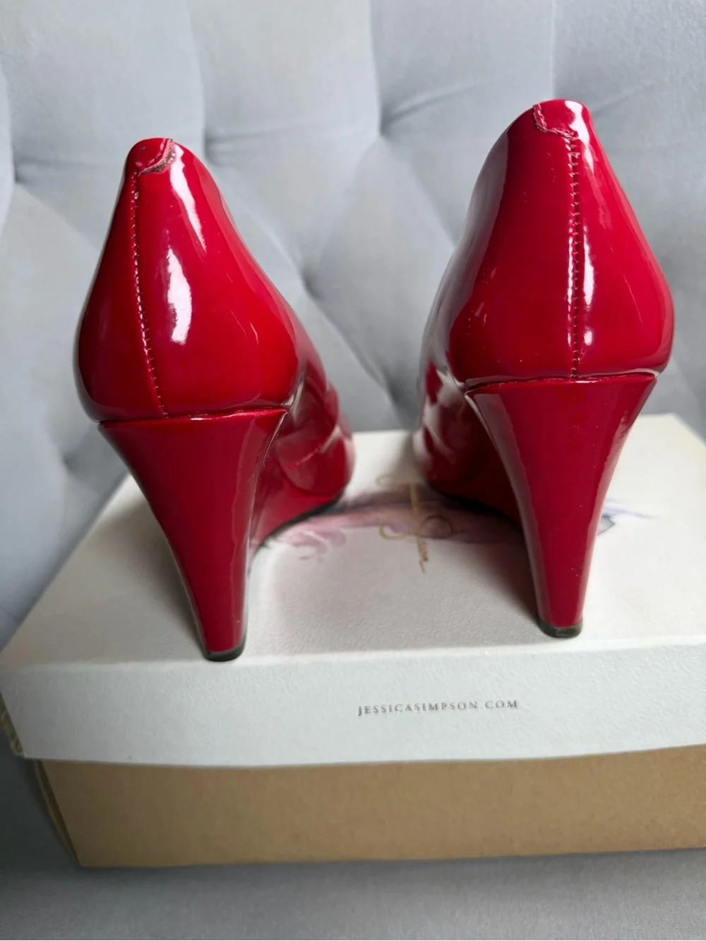 Y2K Jessica Simpson Red Patent Leather Wedge Pumps with Original Box